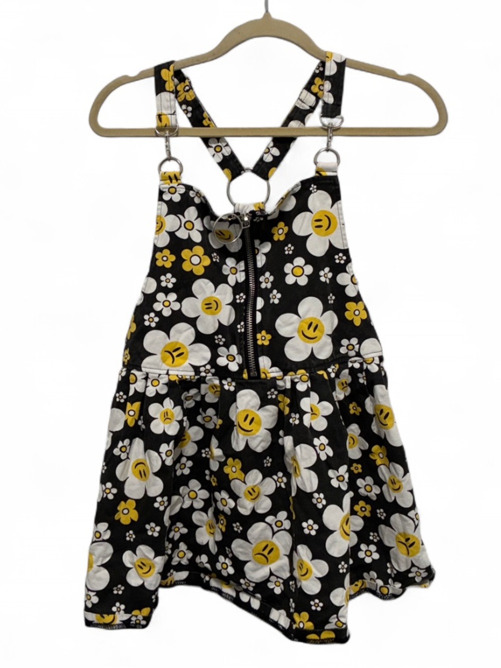 Current Mood Dolls Kill Black Floral Smile-Print Pinafore Mini Dress